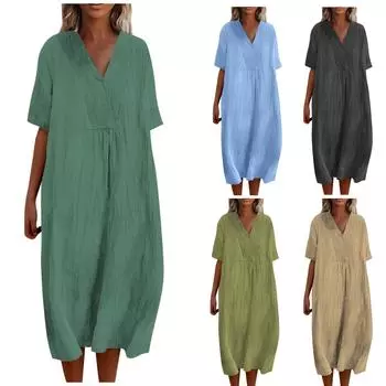 Women s Loose Casual Fashion V-Neck Solid Color New Dress XXXL