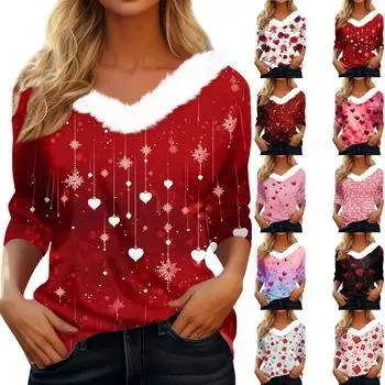 Women s Loose Casual Long Sleeved Printed Plush Collar V Neck Top, Long Sleeved Top M