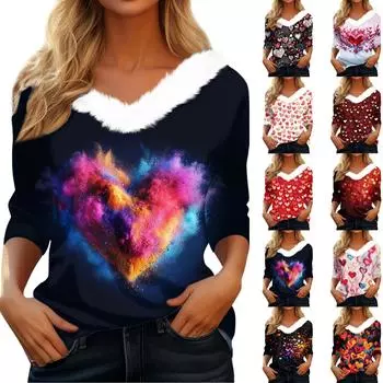 Women s Loose Casual Long Sleeved Printed Plush Collar V Neck Top, Long Sleeved Top XXXL чёрный