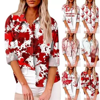 Women s Loose Casual Long-sleeved Shirt Print And Pocket Cardigan XXXL