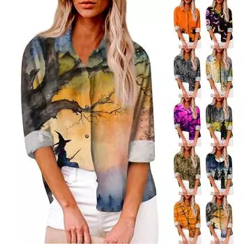 Women s Loose Casual Long-sleeved Shirt Print And Pocket Cardigan M чёрный
