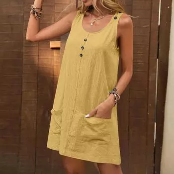 Women s Loose Casual Solid Color U-Neck Pocket Button Adjustable Shoulder Strap Sleeveless Dress S чёрный