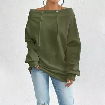 Women s Loose Casual Through Drawstring Off-the-shoulder Line Neck Top XXL