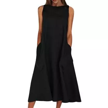 Women s Loose Cotton And Linen Solid Color Sleeveless Round Tie Pocket Casual Dress S белый