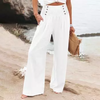 Women s Loose Cotton Linen High Waist Wide Leg Pants - Spring/Summer Casual Elastic Waist XXXL