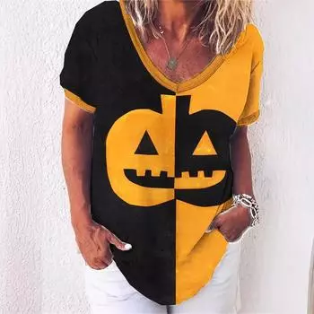 Women s Loose European Summer Casual Style Solid Color 3D Printed Halloween 3D Short Sleeved V-neck T-shirt S