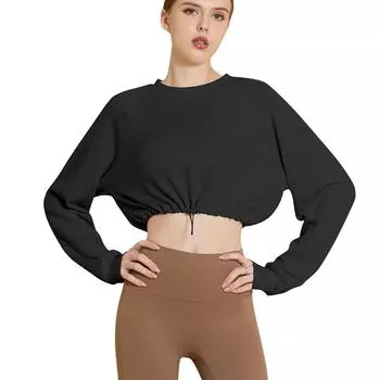 Women s Loose Fit Long Sleeve Yoga Sports Sweatshirt Solid Stylish Drawstring Cropped Top Fitness Running Tops S