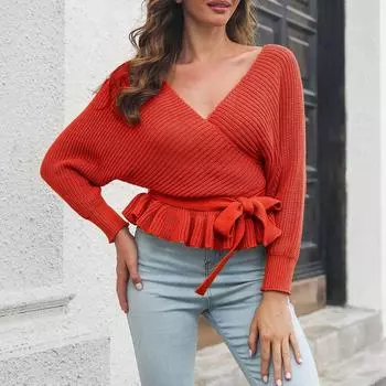 Women s Loose Long Sleeve Sweater With Ruffle Tie Wrap Sweater S