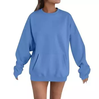 Women s Loose Long Sleeved Round Neck Sports Top Casual Pullover Hoodie L синий