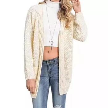 Women s Loose Open Front Long Sleeve Chunky Knit Cable Cardigans Sweater with Pockets Cozy Knit Cardigan, Casual Loose Fit S белый