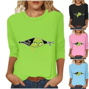 Women s Loose Round Neck Christmas Printed Long Sleeve T-Shirt Top Pullover L чёрный