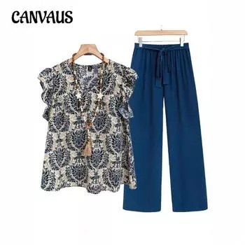 Женская свободная футболка с оборками на рукавах и принтом, однотонный пояс, однотонные брюки S чёрный