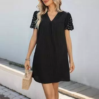 Women s Loose Shift Dress Beaded Lantern Sleeve Fashion Simple Dress S чёрный