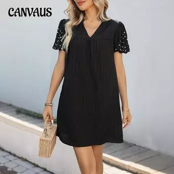 Women s Loose Shift Dress Beaded Lantern Sleeve Fashion Simple Dress S чёрный