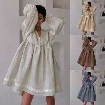 Women s Loose Summer Dress Elegant Commuting Long Sleeve V Neck Lace Spliced Button Beach Dress L хаки