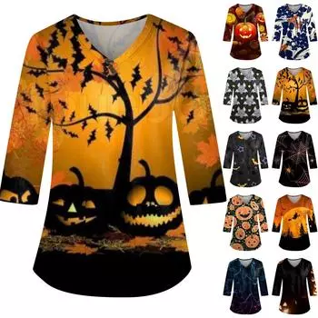 Women s Loose V Neck Pocket Halloween Print Three Quarter Sleeve Workwear Top XL чёрный