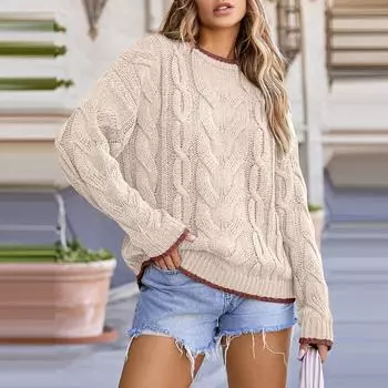 Women s Loose Winter Knitted Fashion Casual Pullover Sweater L бежевый