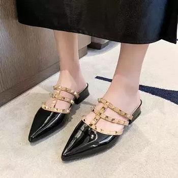 Women s Low Heel Slippers Summer New Pointed Head Shallow Mouth Rivet Half Drag Casual Fashion Anti-slip Wear-resistant Sandals 34 чёрный