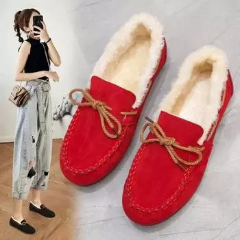 Women s Low-top Flat Cotton Shoes with Thickened Warm Plush, Big Size, Butterfly Knot 35 красный