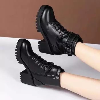 Women s luxury 2024 New Lace Up Boots for Women Fashion Knight Boots Women Round Head Chunky Heel Boots Female Black Botines 35 чёрный