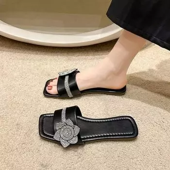 Women s Luxury Diamond Flower Slippers Fashion Outdoor Casual Flat Sandals Women s Toe Flip-flops Beach Holiday Slide 35 фиолетовый