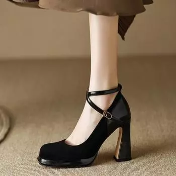 Women s Mary Jane High Heels 2024 Spring and Summer New Fashion Thick Heel Square Head Versatile Comfort Banquet Wedding Shoes 34 коричневый