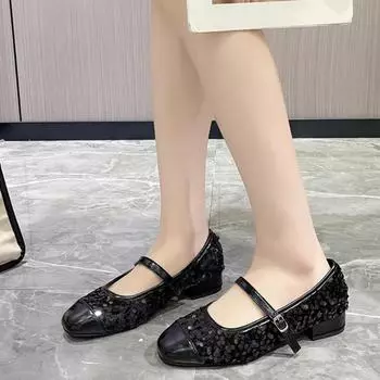Women s Mary Jane Shoes Spring New Fashion Shallow Elegant Flat Shoes Female Comfortable Soft-soled Square Head Women s Shoes 35 чёрный