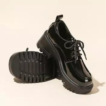 Women s Mary Jane Thick-Soled Loafers: 2024 British Style Lace-Up Leather Shoes for Autumn/Winter Black (patent leather). 40