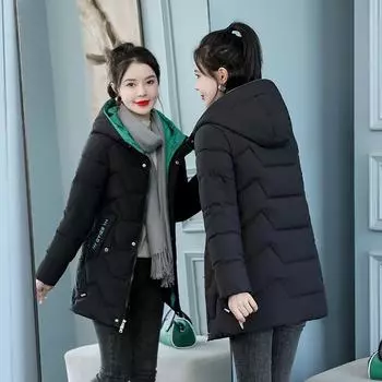 Women s medium and long cotton-padded clothes winter 2024 new foreign-style dirt-resistant thickened hooded cotton-padded jacket tide M recommends about 89 to 52.5 kg чёрный