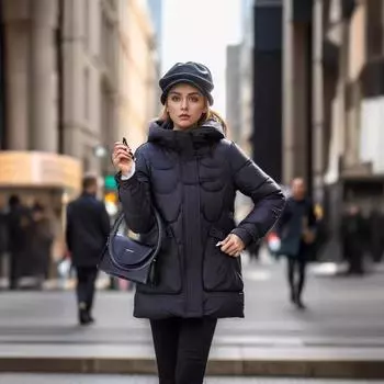 Women s medium and long hooded casual solid color temperament simple jacket cotton-padded jacket thickened jacket cotton-padded jacket L чёрный