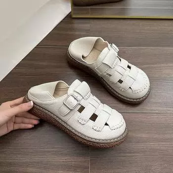 Women s men Flats Handmade Solid Color Platform Sandals Flat with Gladiator Sandals men s Thick Bottom Solid Buckle Strap 39 бежевый