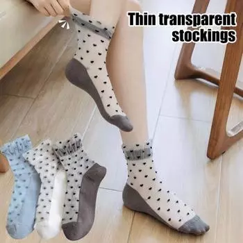 Women s Mesh Sheer Socks Heart Print Ruffle Ankle Socks Summer Ultra Thin серый