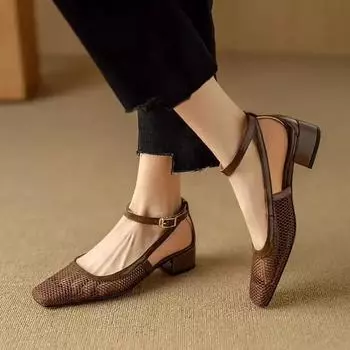 Women s Mesh Temperament Sandals 35-41 Yards New Breathable Square Heel Buckle High Heels Fashion Party Daily Commuting Shoes 35 коричневый