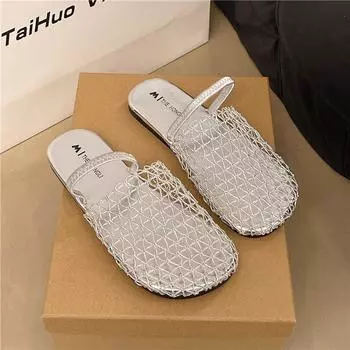 Women s Mesh up Half Slip-On Sandals Fashionable French Style Summer Outdoor Wear Hole Hole Slippers with Head Cover 35
