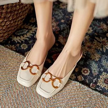 Women s Metallic Buckle Mules, Stylish Square Toe Slip On Flat Shoes, All-match Backless Loafers 35 бежевый