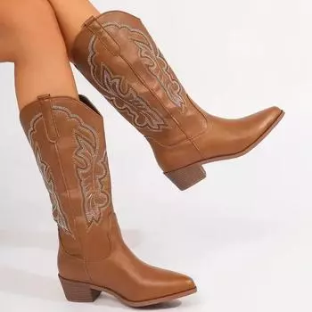 Women s Mid-calf Boots 2025 New Trend Totem Design Pointed Knight Boots Casual Slip-on Street Design Thick Heel Motorcycle Boots 34 чёрный