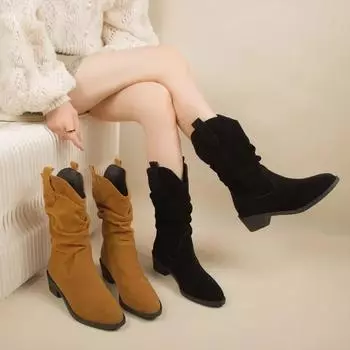 Women s Mid-calf Boots Autumn Winter 2024 New All-match Large Size High Heel Fashion Plus Fleece Ankle Boots Shoes for Women 35 чёрный
