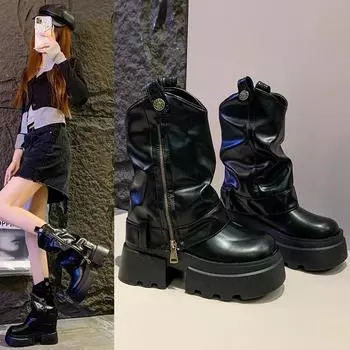 Women s Mid-cylinder Fashion Boots Thick Heel Square Heel Wear-resistant Anti-slip Round Head Women Shoes Side Zip Leisure Boots 35 бежевый