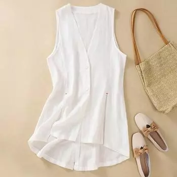 Женская литературная свободная куртка средней длины, летняя хлопково-льняная однотонная индивидуальная жилетка без рукавов, женский жилет XXL белый