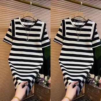Women s Mid-length Loose Age-reducing Striped Dress Summer Short-sleeved Simple Commuter Dresses 4XL