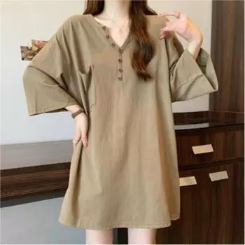Women s Mid-length Loose Casual T-shirt Solid Color Half-sleeve V-neck Tops 3XL чёрный