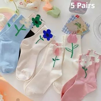 Women s Middle Tube Socks Harajuku Retro Floral Vintage Novelty Elegant EthnicKawaii Cute Casual Breathable Ladies Girls 5 Pairs One Size