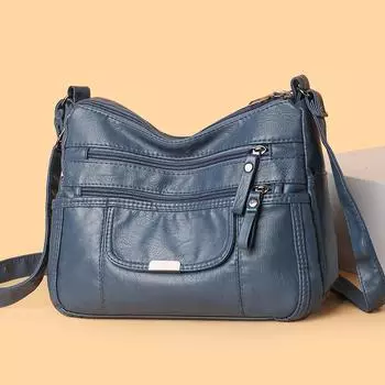 Женская многослойная мягкая кожаная сумка для мам среднего возраста, сумка через плечо синий