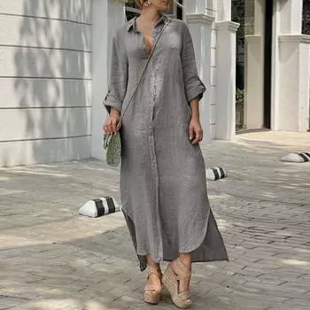 Women s New 2024 Summer Fashion Cotton and Linen Long Dress Grey 5XL