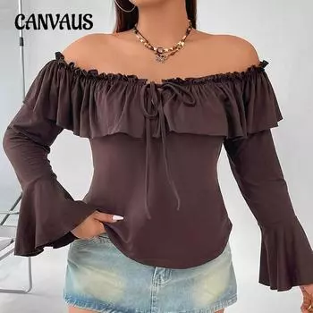 Women s New Autumn Ruffled Horn Sleeve Slim Temperament A Line Collar Blouse 1XL кофейный