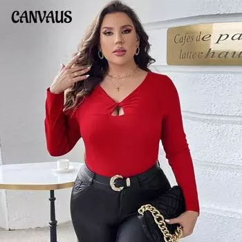 Women s New Autumn Sexy Hollow Slim Knit Solid Color Long Sleeve Top 1XL красный