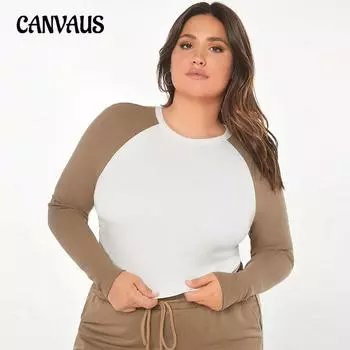 Women s New Autumn Slim Round Neck Splicing Color Long Sleeved Short Top 1XL хаки