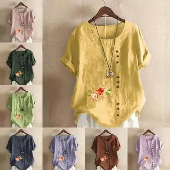 Женская новая модная льняная рубашка с круглым вырезом, короткая футболка с цветочным принтом, летняя женская повседневная блузка больших размеров S розовый