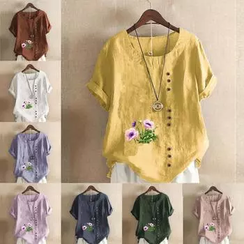 Женская новая модная льняная рубашка с круглым вырезом и коротким рукавом, с цветочным принтом, летняя женская повседневная блузка, топы S розовый