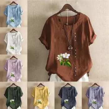 Женская новая модная льняная рубашка с круглым вырезом и коротким рукавом с принтом орхидеи, летняя женская повседневная блузка больших размеров, топы S розовый